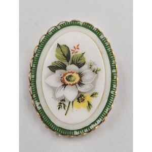 Vintage Hand Painted Milk Glass Floral Brooch Oval Gold Tone Green Border Pin